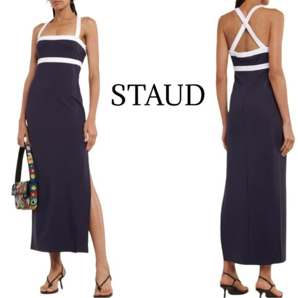 STAUD Navy/White Augustine Womens Knit Square Neck Maxi Dress Sz S NWOT - Picture 1 of 11